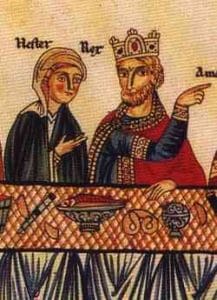 Pretzel depicted at a banquet of Queen Esther and King Ahasuerus. 12th century Hortus deliciarum