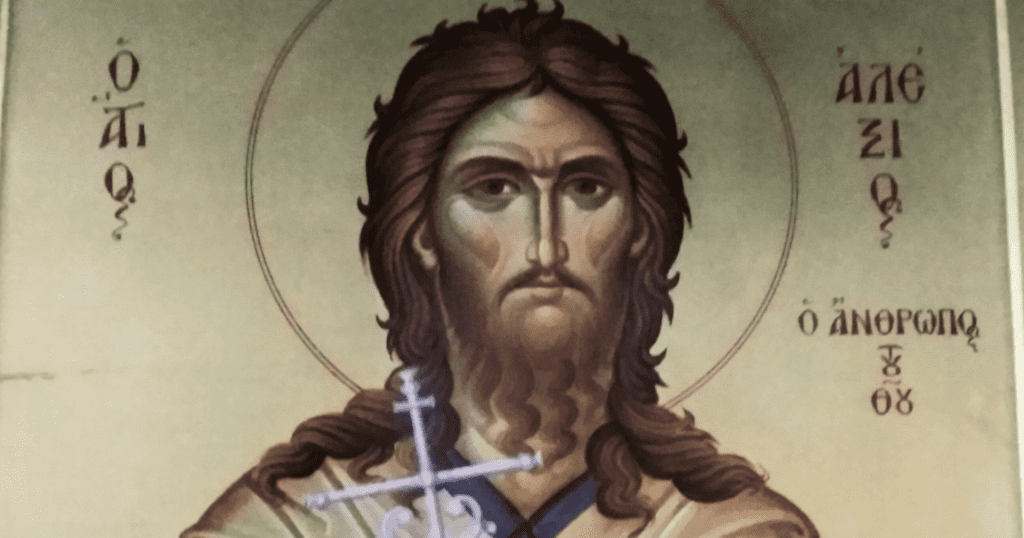 Saint Alexis is patron of Beggars and the Homeless. He was the only son of a rich Roman senator who gave up his wealth. He was known as