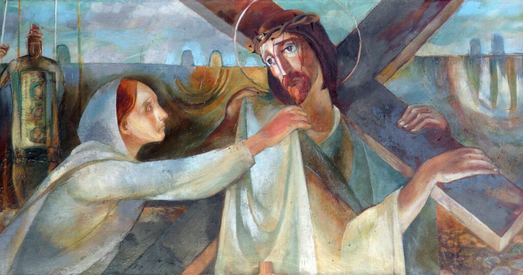 Saint Veronica wiped the face of Jesus Christ with her while He was on the way to Calvary carrying His Cross. According to tradition, the cloth was imprinted with the image of Christ's face.