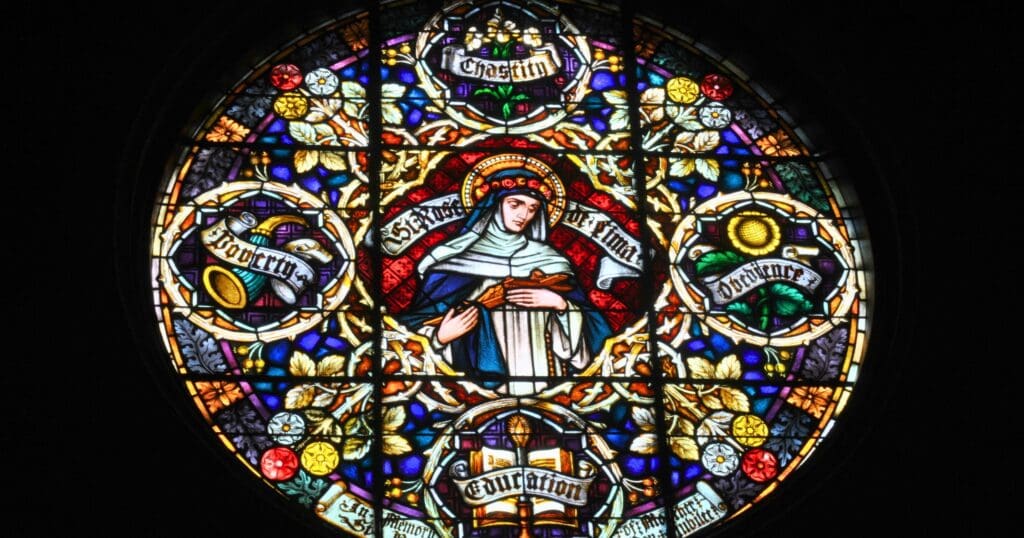 St. Rose of Lima (1586-1617), first canonized saint of the Western Hemisphere, known for deep piety, sacrifice and advocacy against exploitation in Peru.
