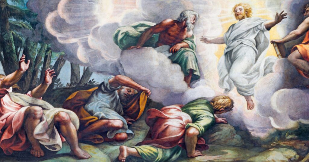 A divine revelation where Jesus, witnessed by Peter, James, and John, transformed and radiated Godly glory on Mount Tabor.