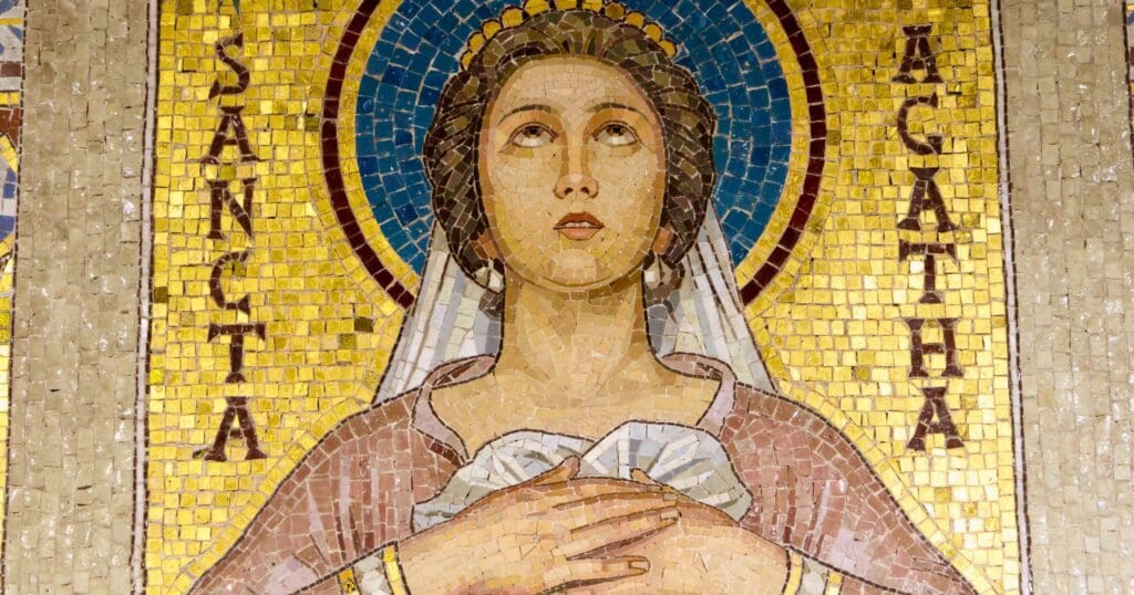 Saint Agatha of Sicily (6th century) devoted her life to God, resisting suitors. She was martyred after being forced into a brothel.