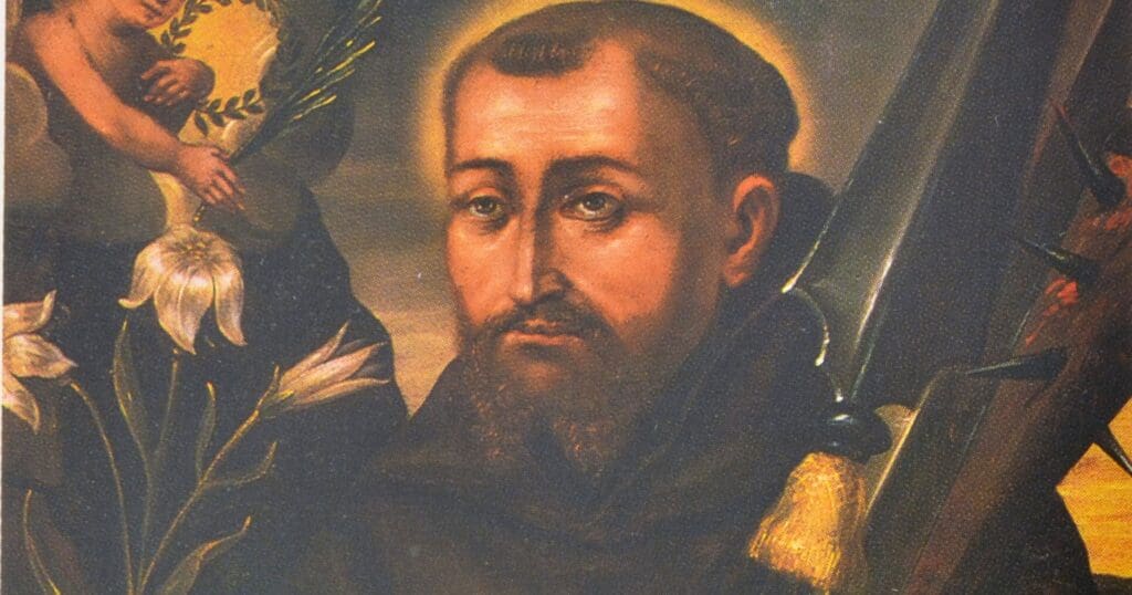 Saint Fidelis of Sigmaringen, a former lawyer turned Capuchin missionary, was martyred in 1622. He is depicted with a crucifix, head wound, and a bludgeon.